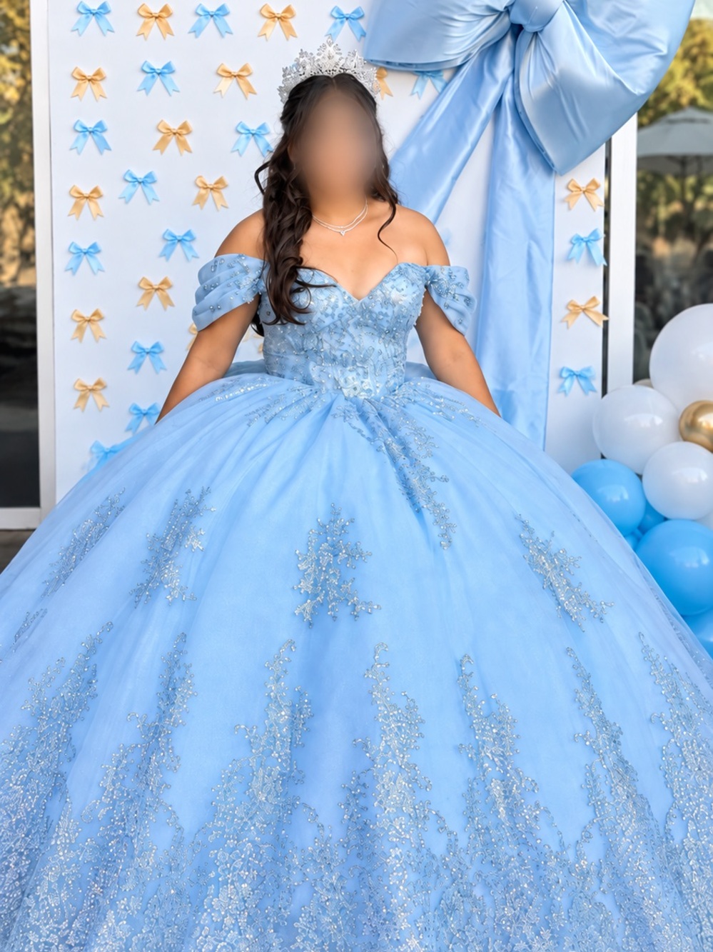 Off-Shoulder Light Blue Glitter Ball Gown Dress for Girls